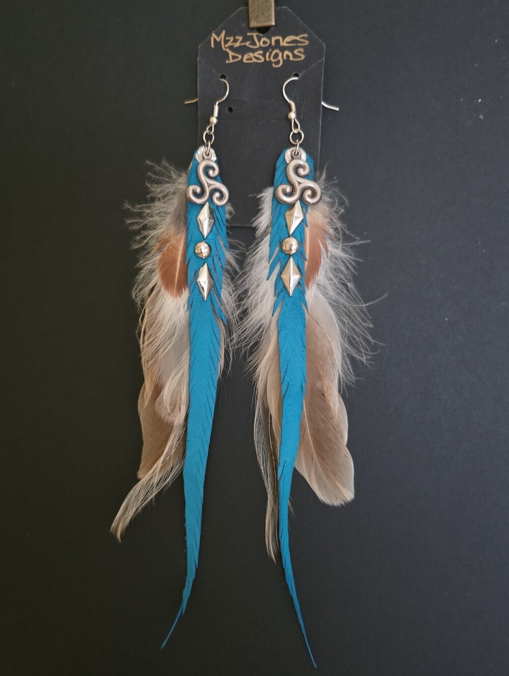 New! Long Earrings Feather Leather & Studs Handcrafted Jewelry Native Made boho